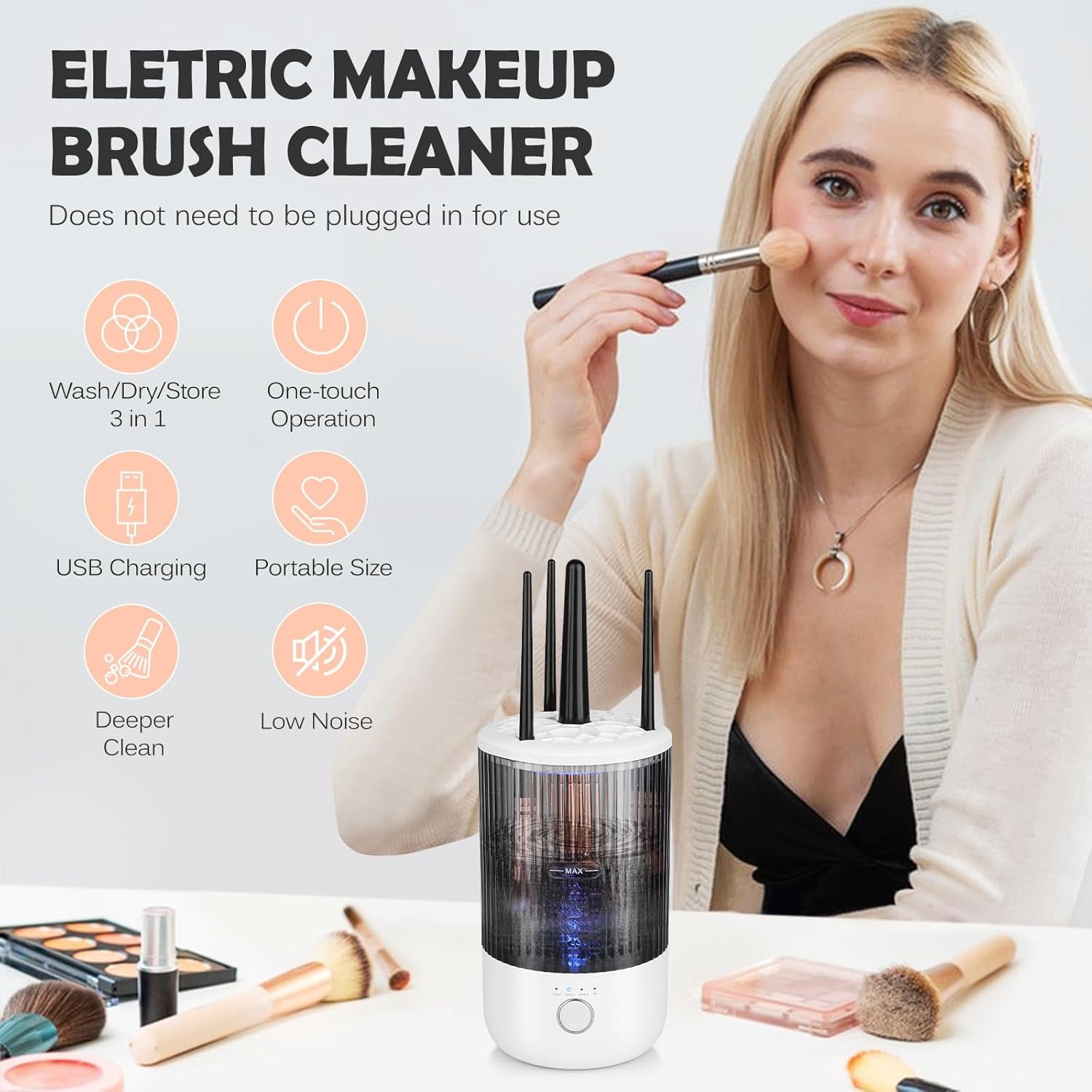 Electric Makeup Brush Cleaner Machine,Powerful Spinner Washer for Makeup Brush/Sponge/Powder Puffs,Portable Automatic USB Cosmetic Brushes Washing Tool Holder for All Size Beauty Makeup Brush Set